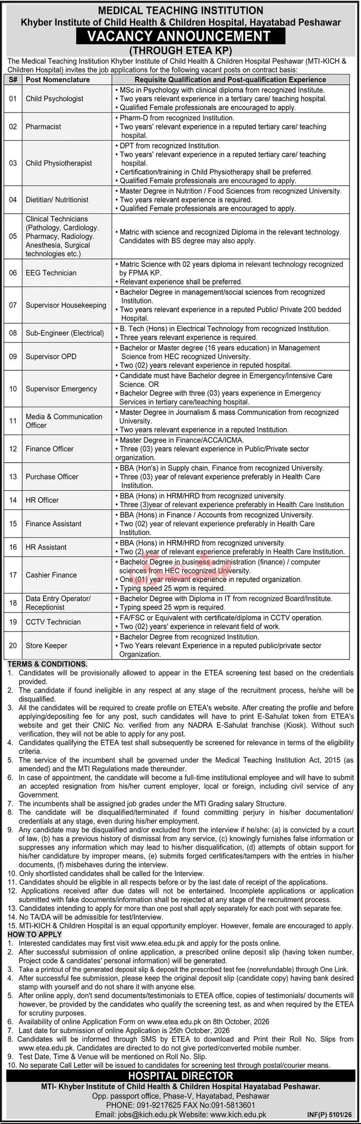 MTI-KICH & Children Hospital Hayatabad Peshawar Jobs 2026