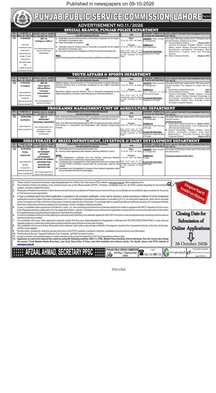 PPSC Advertisement No. 11/2026 Jobs