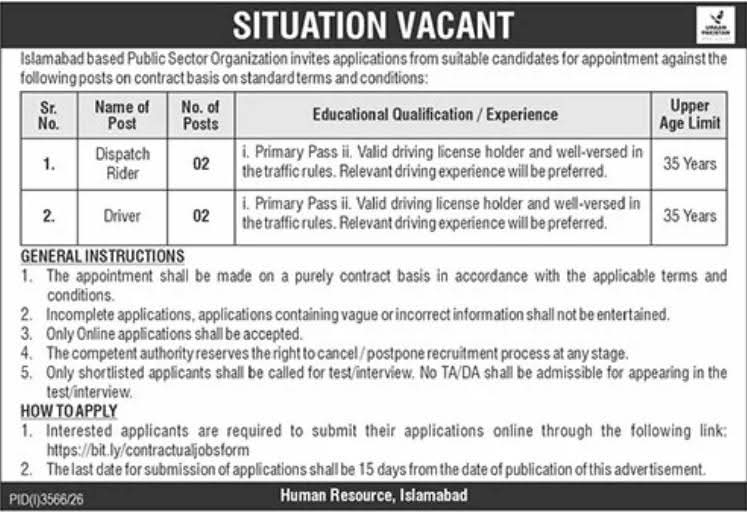 Islamabad Public Sector Organization Jobs 2026