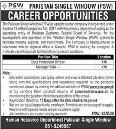 Pakistan Single Window (PSW) Jobs 2026