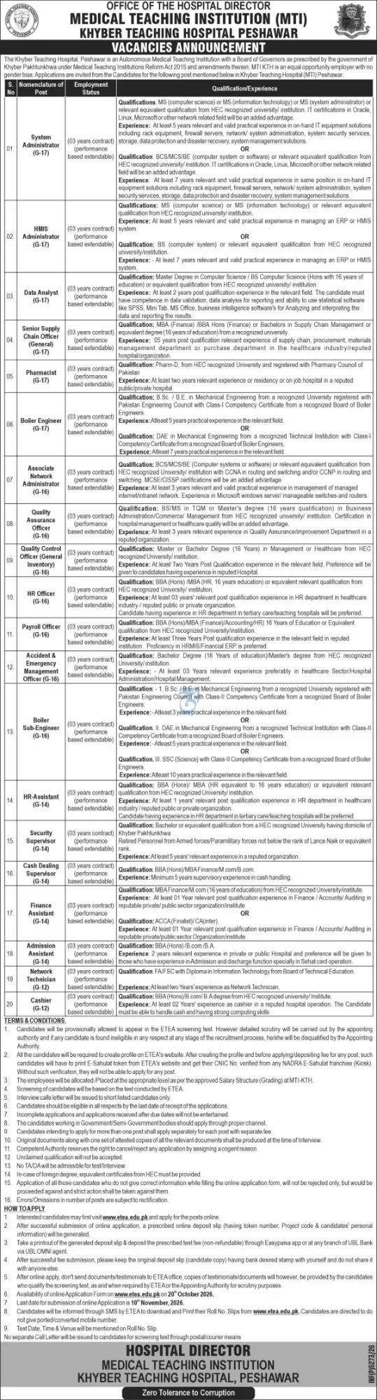 MTI Khyber Teaching Hospital (KTH) Peshawar Jobs 2026