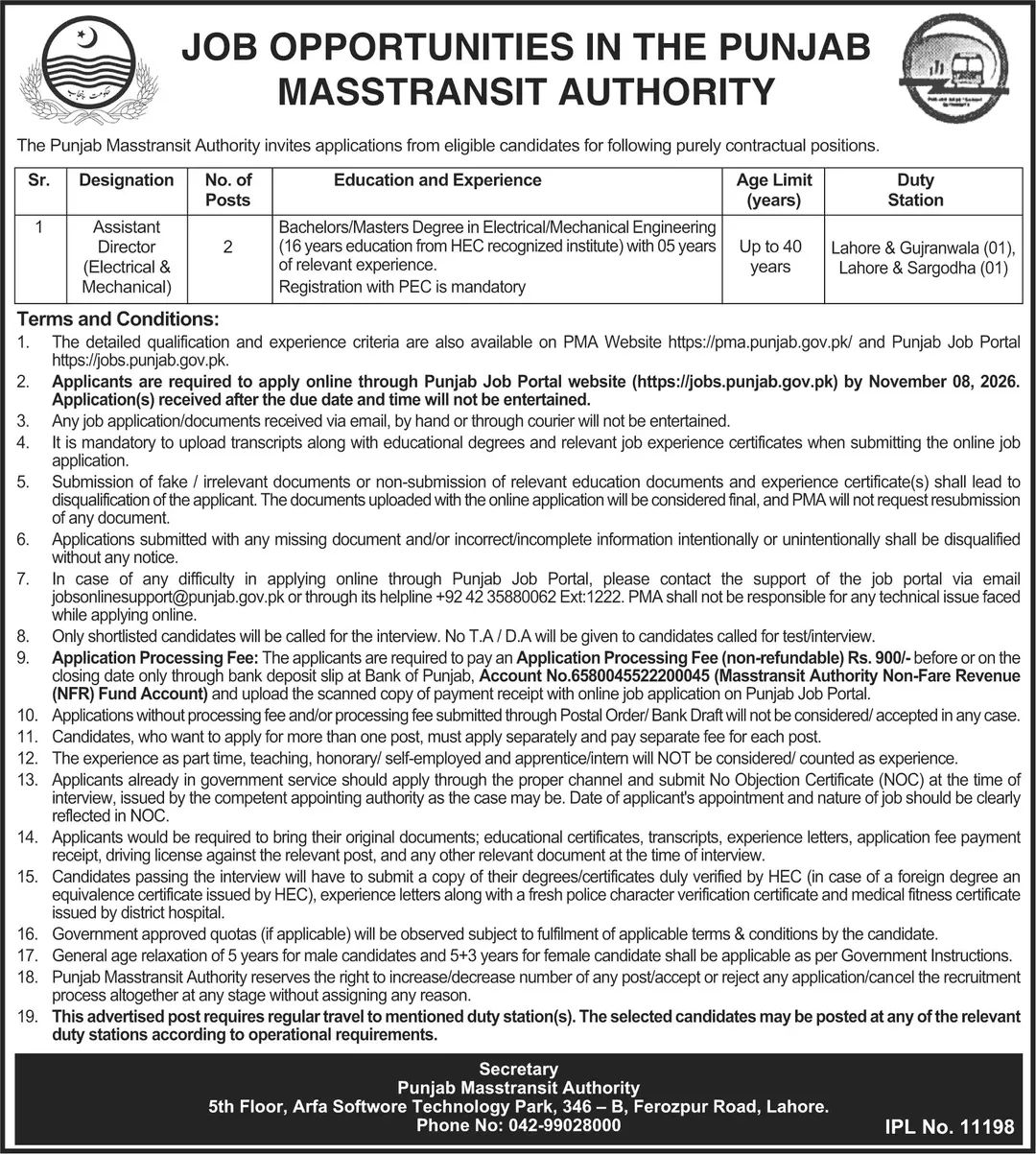 Punjab Masstransit Authority (PMA) Jobs 2026