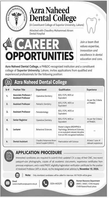 Azra Naheed Dental College Jobs 2026