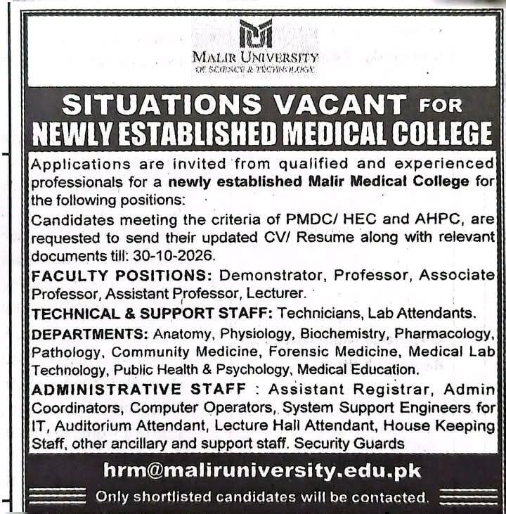 Malir Medical College Jobs 2026