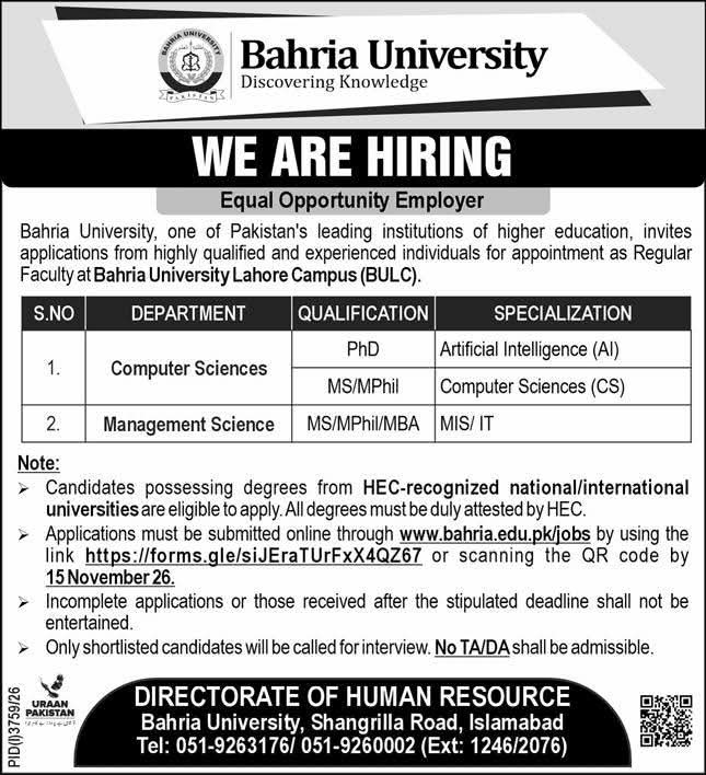 Bahria University Lahore Campus (BULC) Faculty Jobs 2026: