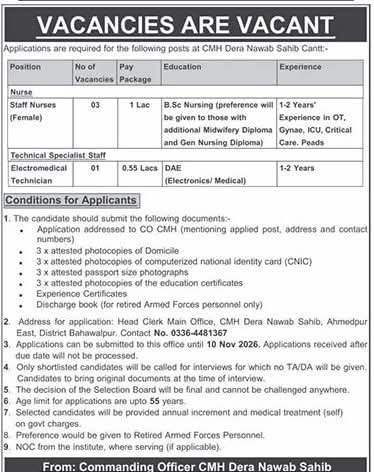 CMH Dera Nawab Sahib Jobs 2026